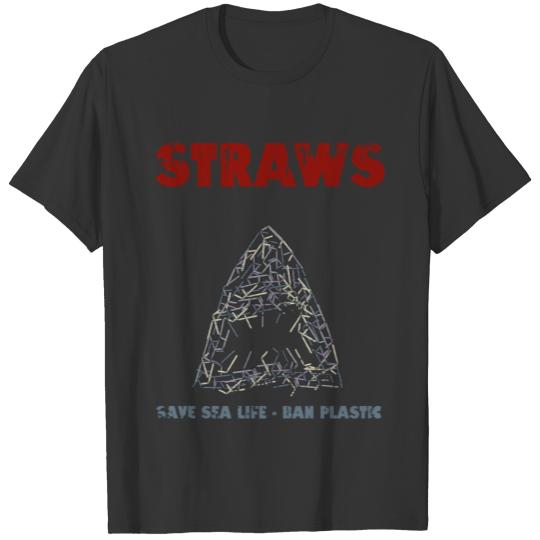 Straws Ban Plastic Parody Shark T-shirt