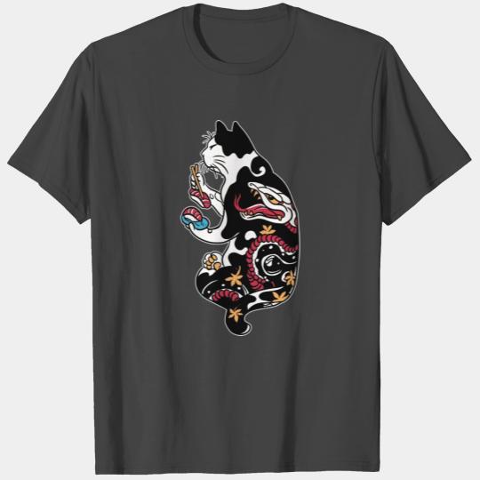 Cat Eating Sushi Kawaii Japanese Goth Design T Shirts