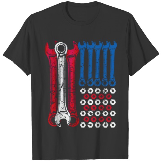 USA Red White Blue American Flag Mechanic T-shirt