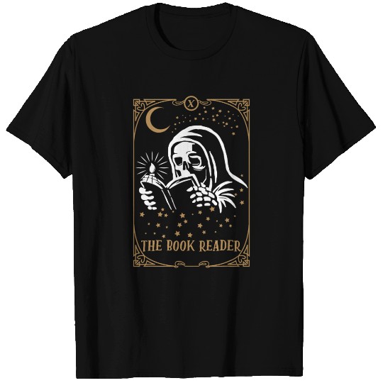 The Book Reader Tarot Card Hooded Skeleton Reading T Shirts