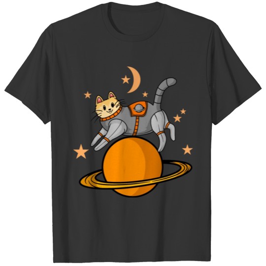Cute cartoon cat astronaut jumping over planet T-shirt
