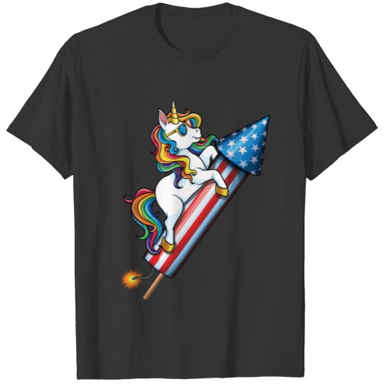 Unicorn Riding Fireworks 4th of July Girls T Shirts
