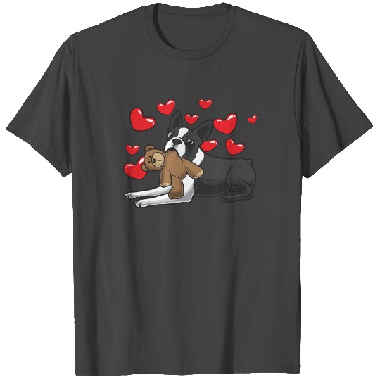 Boston Terrier Dog with stuffed animal and hearts T Shirts