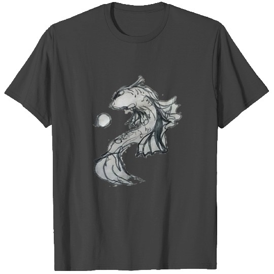 White Koi fish swims around the reflection of the T Shirts
