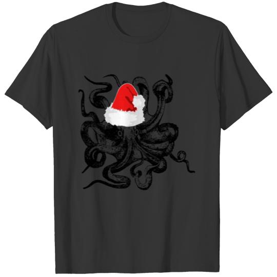Christmas Octopus Wearing Santa Hat T-shirt