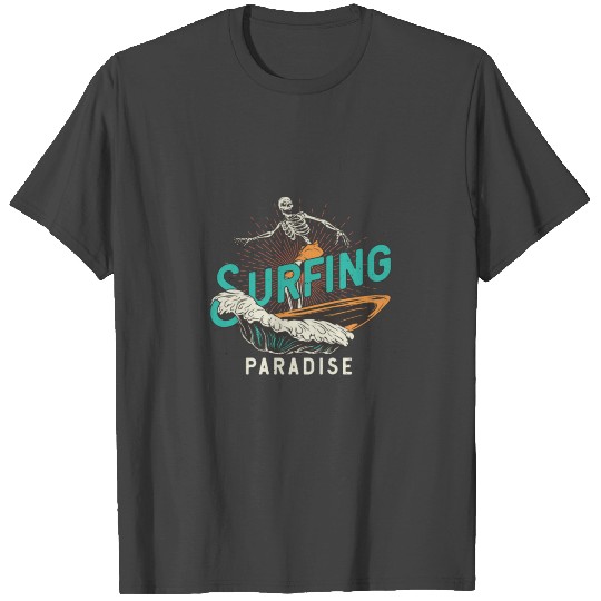 Skeleton Surfing Paradise Waves Surfer T Shirts