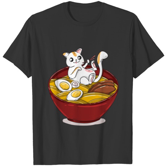 Asian ramen noodle soup with cat funny T Shirts