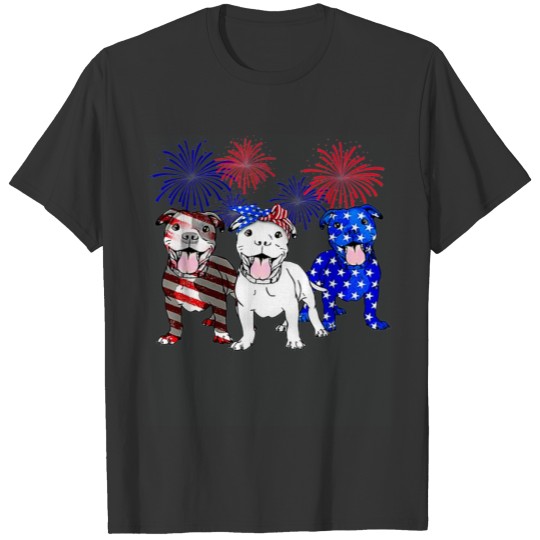 American Pitbull Dog Firework 4th Of July USA Flag T-shirt