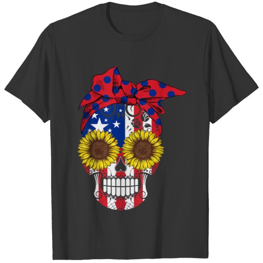 Sugar Skull American flag sunflower floral flowers T Shirts