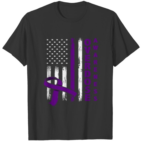 American Flag Purple Ribbon USA Overdose Awareness T Shirts