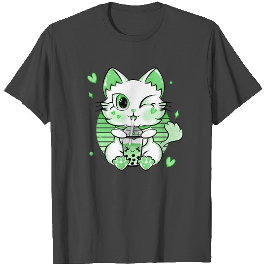 Bubble Tea Cat Kawaii Japanese Neko Green Otaku T Shirts