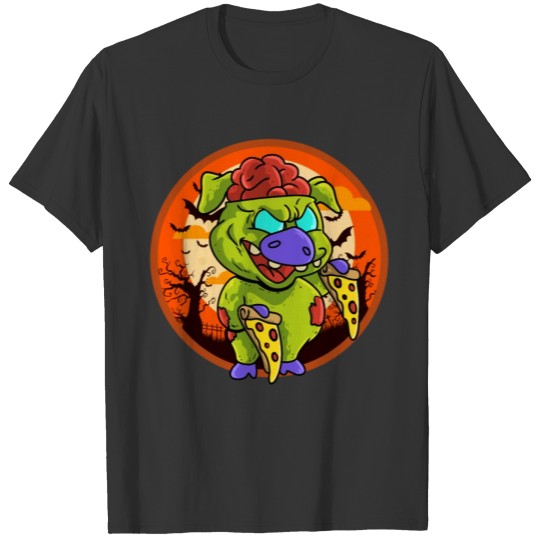 Cute Spooky Halloween Zombie Pig with Pizza Outfit T Shirts