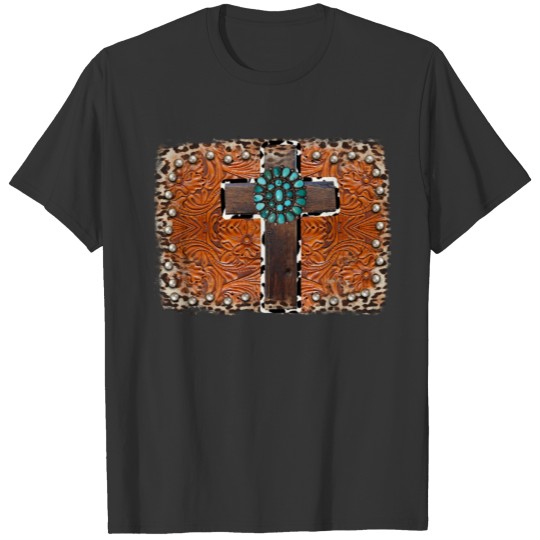 Tooled Leather Wooden Cross T Shirts