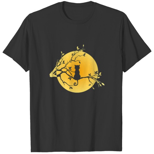 Black Cat in Tree with Moon Scary Halloween T-shirt