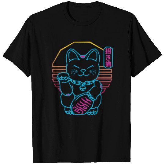 Maneki Neko Japanese Lucky Cat Retrowave 80s T Shirts