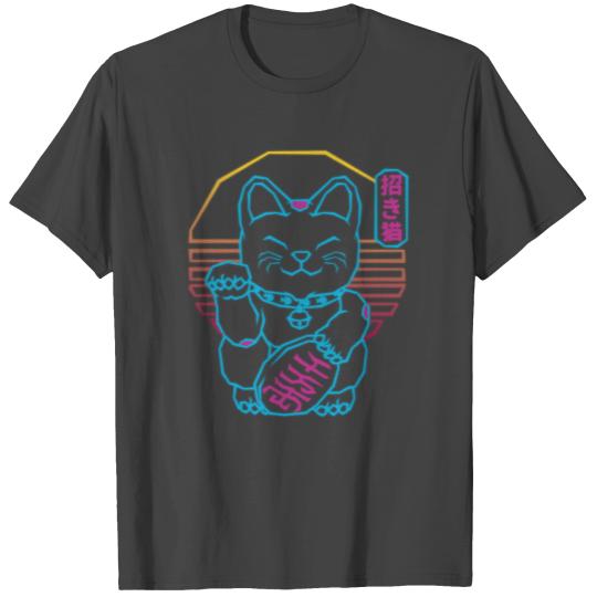 Maneki Neko Japanese Lucky Cat Retrowave 80s T Shirts