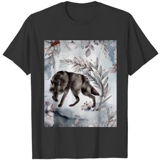 Wolf watercolor painting with a floral frame T-shirt