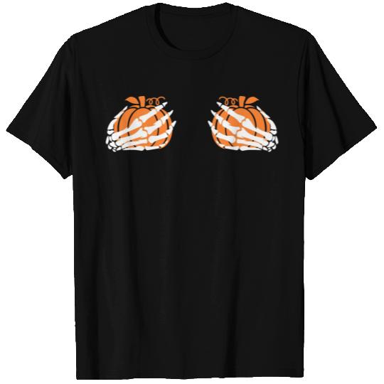 Skeleton Hands on Pumpkin Boobies Halloween T Shirts