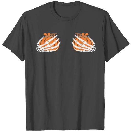 Skeleton Hands on Pumpkin Boobies Halloween T Shirts