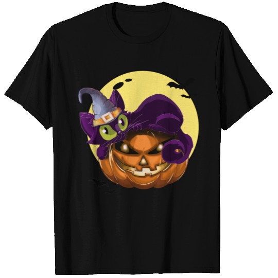 Halloween Cat on Pumpkin Wearing wizard Hat T Shirts