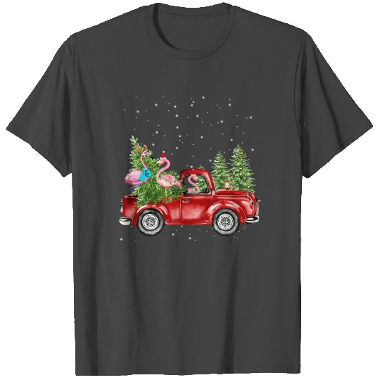 Christmas Three Flamingo Ride Red Truck Xmas Santa T Shirts