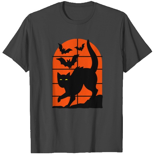 Halloween T ShirtHalloween Cat and bats in window T Shirts