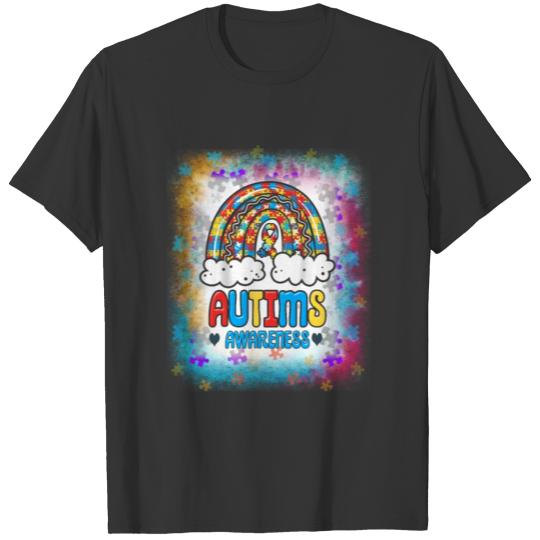 Autism Bleached Rainbow Blue Ribbon Support Hope T-shirt