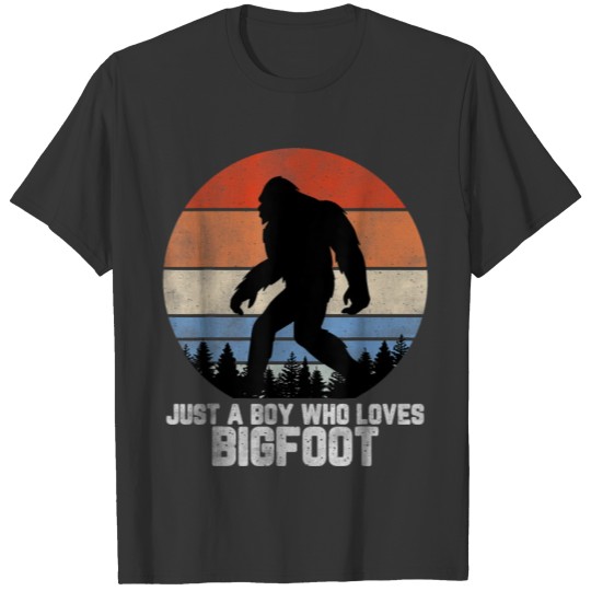 Retro sunset Bigfoot just a boy who loves T-shirt