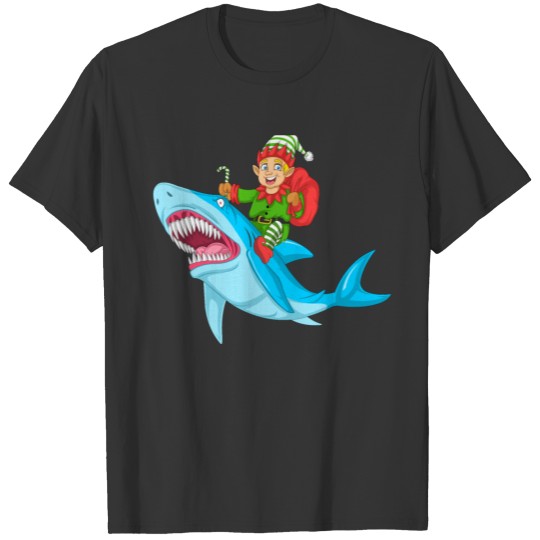 elf riding shark christmas T-shirt