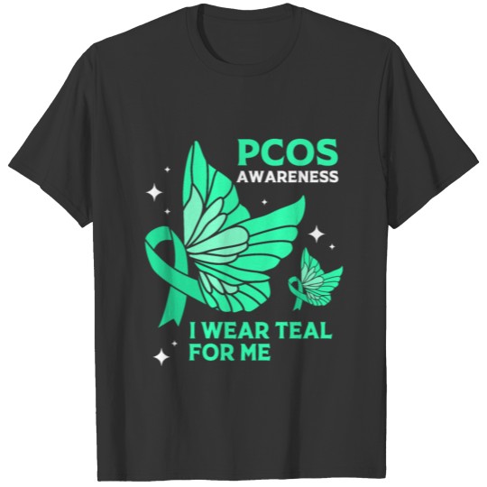 Teal Butterfly Ribbon Pcos I Wear Teal For Me T Shirts