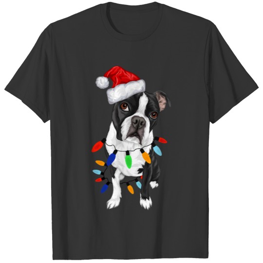 Boston Terrier Santa Christmas Lights Xmas Dog T-shirt