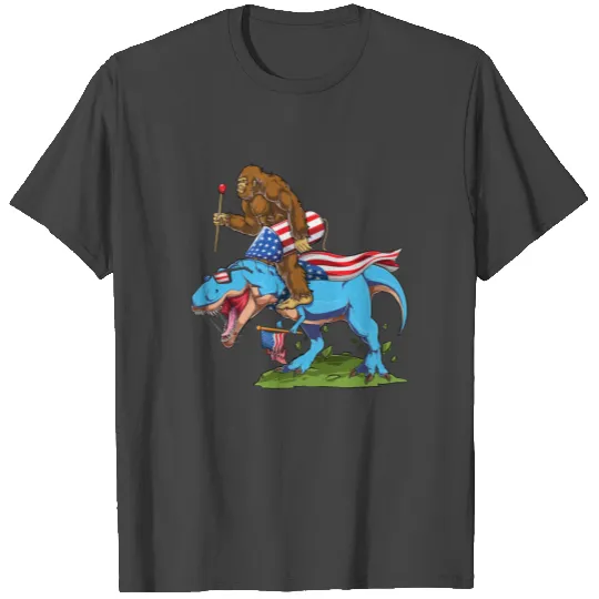 Bigfoot Riding Dinosaur USA Flag 4th of July T Shirts