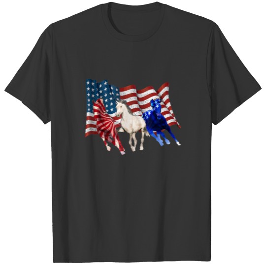 American Flag Horses Patriotic Red White Blue T-shirt