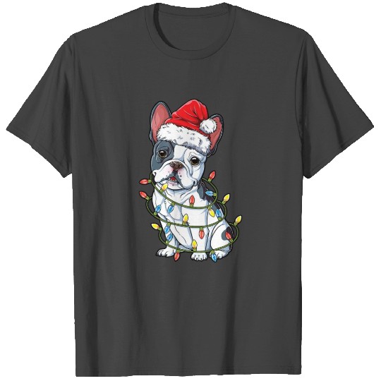 French Bulldog With Santa Hat Christmas Lights T Shirts