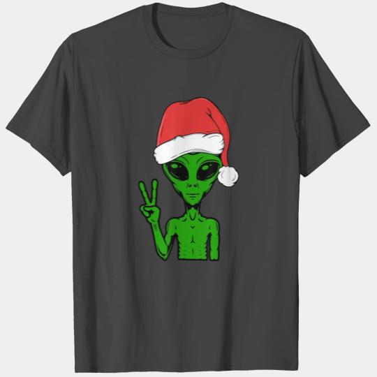 Alien Christmas Wearing Santa Hat Funny Xmas T Shirts