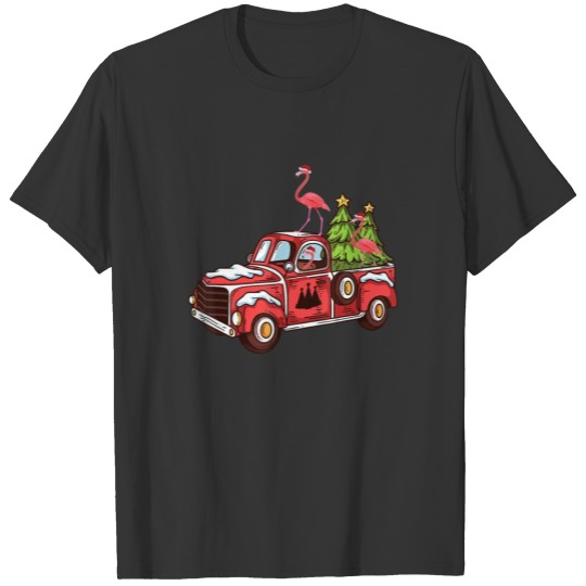Flamingo Riding Red Truck Tree Christmas T Shirts