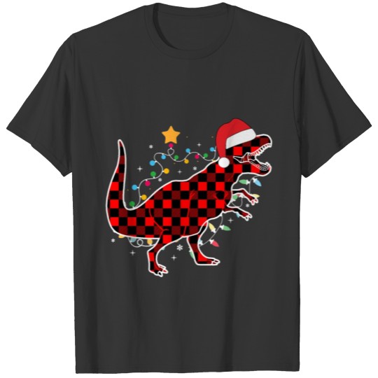 Red Plaid Dinosaur Christmas Lights Tree Pajama T Shirts