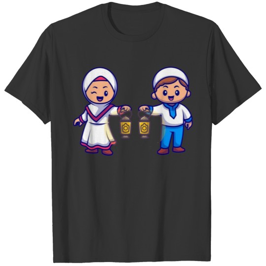 Cute girl and boy moslem bring lantern lamp T Shirts