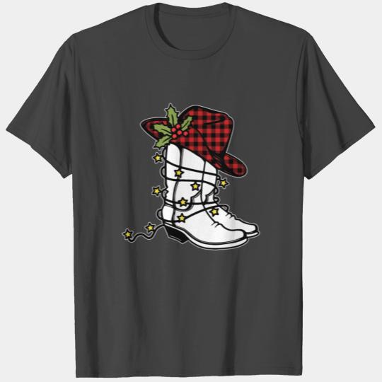 Western Merry Christmas Cowboy Buffalo Plaid Boots T Shirts
