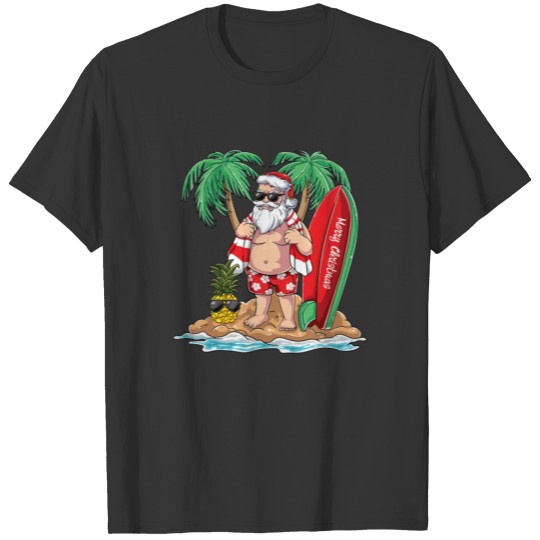 Surfing Santa Beach Holiday Christmas in July T Shirts