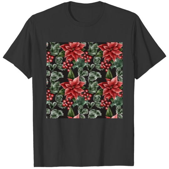 Christmas Watercolor Poinsettia Pattern T-shirt