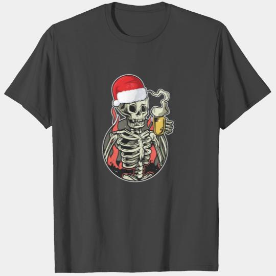 Christmas Skeleton Santa Drinking Coffee T Shirts