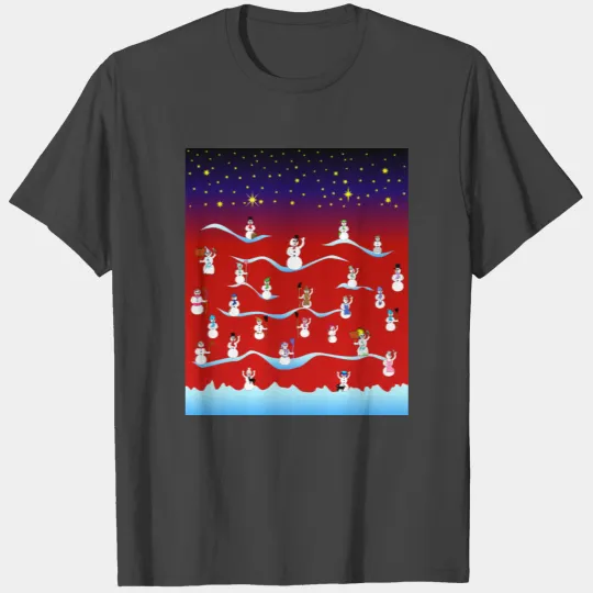 Snowmen And Women On Red Snow Winter Design T Shirts