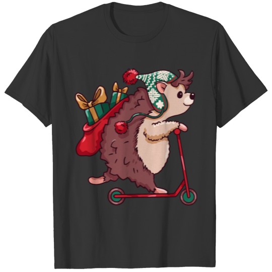 Cute Cartoon Christmas Hedgehog on Scooter T-shirt