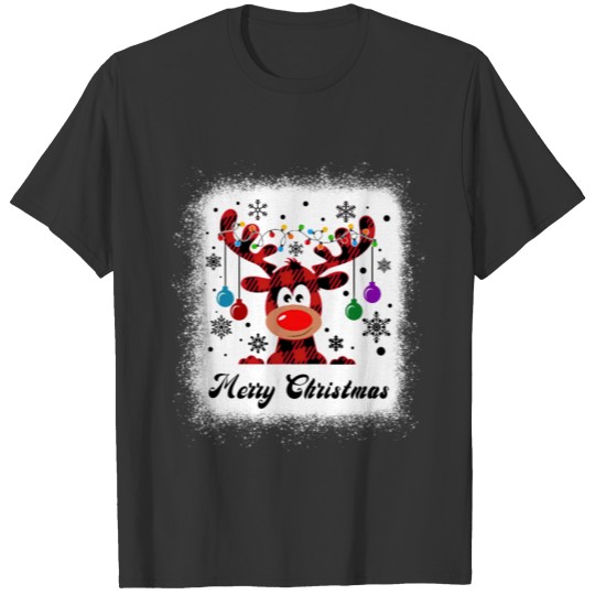 Xmas Bleached Red Buffalo Plaid Reindeer Christmas T Shirts