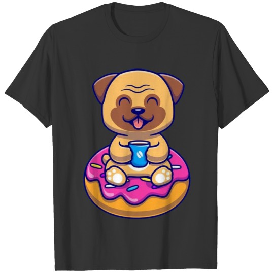 Cute pug dog with coffee and doughnut T Shirts