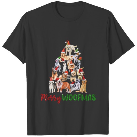 merry woofmas, Christmas Tree with Santa Hat Dogs T Shirts