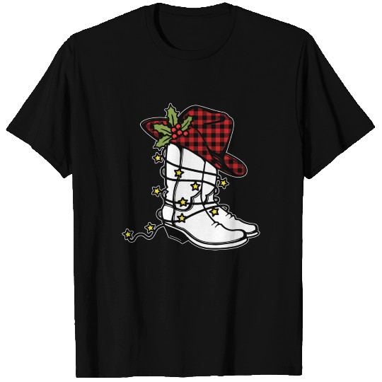 Western Merry Christmas Cowboy Boots Buffalo Plaid T Shirts
