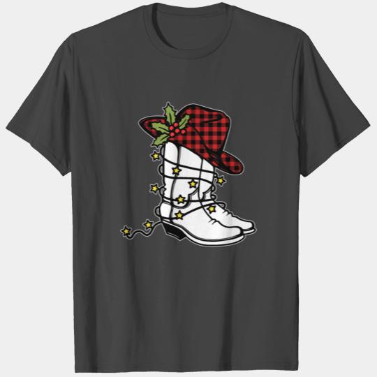 Western Merry Christmas Cowboy Boots Buffalo Plaid T Shirts