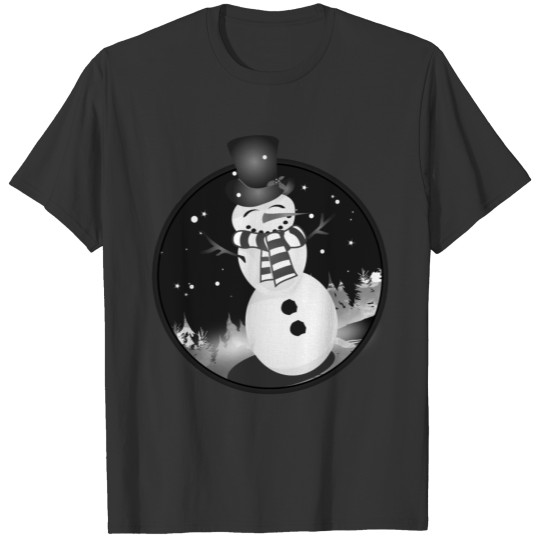 laughing snowman in black and white T-shirt
